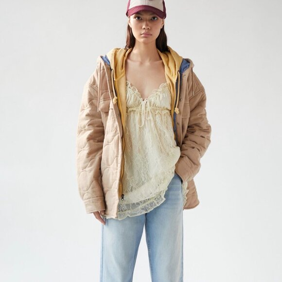 BDG Flannel Quilted Hooded Shirt Jacket in Taupe Men's Size Large / Unisex - Picture 15 of 16